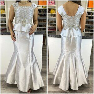 Jovani Silver Taffeta Jeweled Formal Gown $495